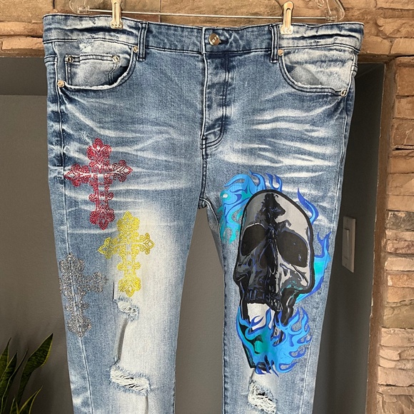 GFTD LA LONZO Men 40x32 Grunge Streetwear Skull Cross Alt Distressed Jeans Blue - Picture 3 of 12